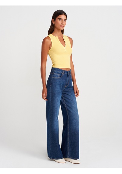 Dilvin 21005 Yıkama Efetkli Crop Top-sarı Sarı