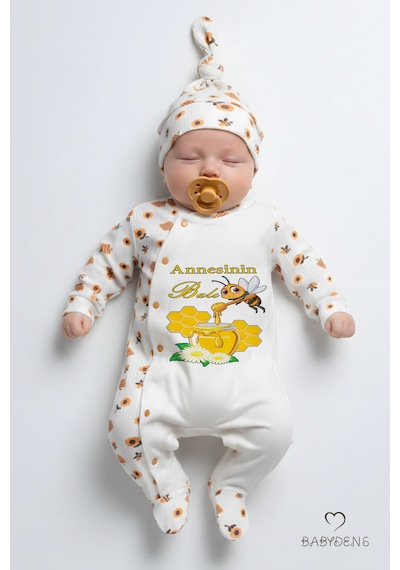 Babyden's Annesinin Balı Yazılı Yenidoğan Bebek Tulumu Şapka Seti Arı Desenli Unisex Çıtçıtlı Bebek Tulum Ekru - Çok Renkli
