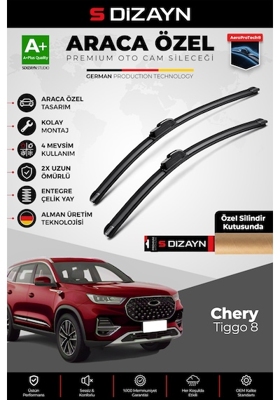 S-dizayn Chery Tiggo 8 Ön Cam Silecek Seti 2023 Üzeri Premium Araca Özel 60-45 Cm A+ Kalite