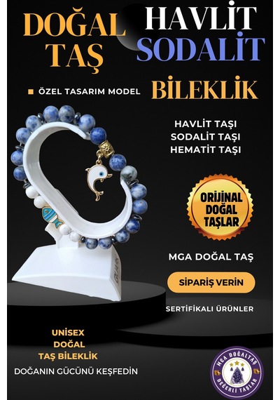 Sodalit Taşı Havlit Taşı Bileklik Balık Figürlü Doğal Taş Bileklik Beyaz Mavi Beyaz Mavi