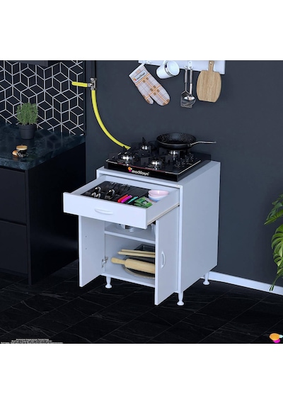 Modilayn Qplas M Set Ocak Altı Dolap 65x88x48 Cm Çekmeceli, Kapaklı 2 Göz Raf Bölmeli Beyaz