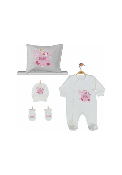 Pia Baby Gl 2005 İsme Özel Leylekli Bebek Yastık Tulum Set Pembe