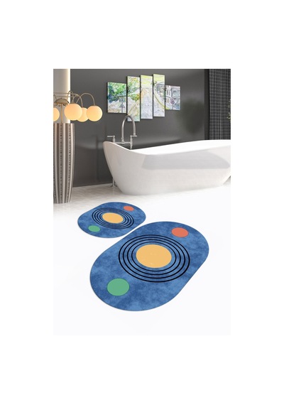 Buççin Online Mağaza Dijital Baskılı Kaymaz Taban Yıkanabilir Oval Banyo Takımı Klozet Takımı, N-o-klozet-49-mavi, Polyes Çok Renkli