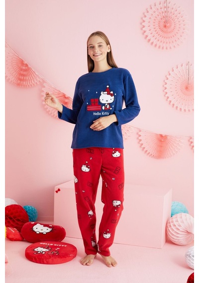 Siyah İnci Lisanslı Polar Çok Renkli Nakışlı Bisklet Yaka Pijama Takım Hk300 Lacivert