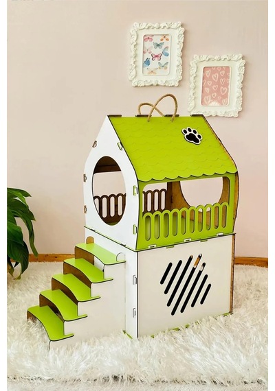 Dekoratif Ahşap Kedi Evi Teraslı 2 Katlı Merdivenli Kedi Evi 70 x 40 x 75 CM