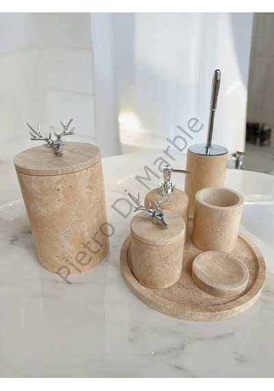 Sarı Traverten Klasik Model 7 Parça Gümüş Renk Geyik Aksesuarlı Banyo Seti Sarı Traverten