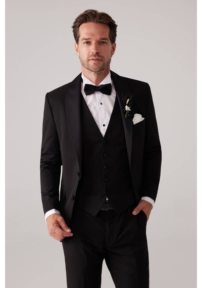 Ysf Erkek Siyah Mono Yaka Slim Fit Yelekli Damatlık