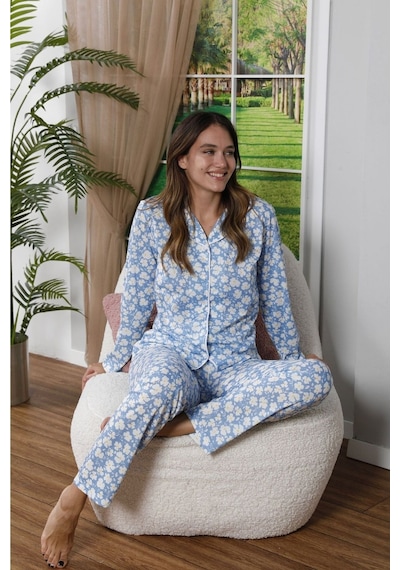 Mh Moony Homewears 3'lü Mavi Üzerine Beyaz Papatyalı Gömlekli Şortlu Uzun Altlı Pamuk Pijama Takımı Mavi