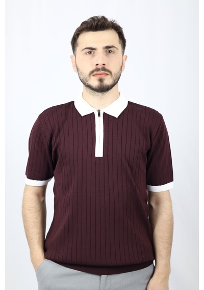 Ventov Fermuarlı Polo Yaka Fitilli Erkek Triko Vtr2601 Bordo - Beyaz
