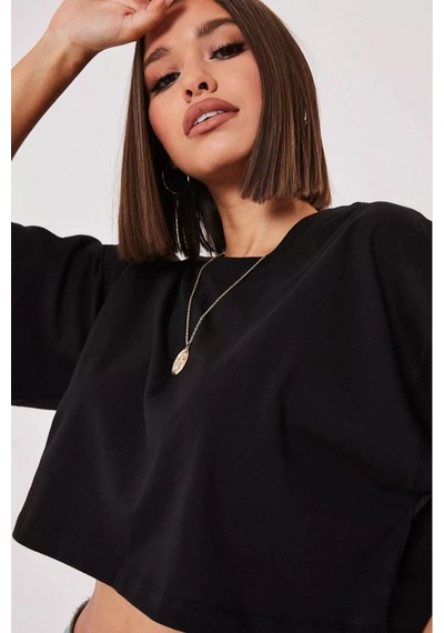 Startmore Beyaz %100 Pamuk Bisiklet Yaka Oversize Crop T-shirt Siyah