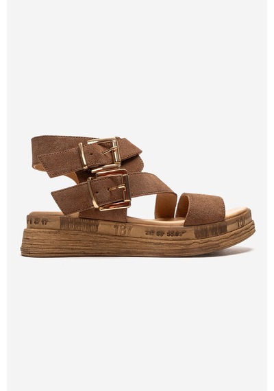 Luvishoes Lorentıs Toprak Süet Hakiki Deri Çift Tokalı Kadın Sandalet