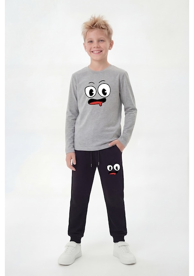 Panios Kids Yuvarlak Yaka Sweatshirt Paça Lastikli Eşofman Alt Baskılı Uzun Kollu Erkek Çocuk Alt Üst Takım Gri