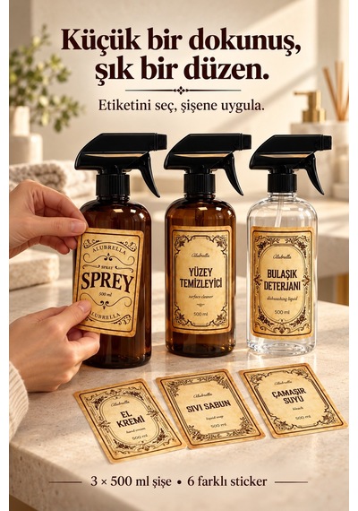 Alubrella 500 Ml 2 Amber Ve 1 Şeffaf Boş Sprey Şişe 3 Lü Set Ve 6 Lı Etiket