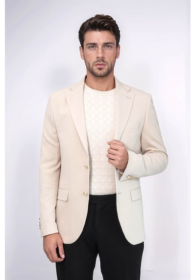 Bej Kendinden Desenli Örme Altın Renk Metal Düğmeli Slim Fit Erkek Blazer Ceket - Wessi Cream Bej Kendinden Desenli Örme Altın Renk Metal Düğmeli Slim Fit Erkek Blazer Ceket - Wessi Cream