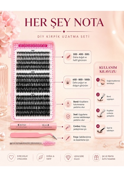Dıy Takma Kirpik Uzatma Seti 30d-100d Bond Seal Cımbız Ve Fırçalı Hediye Seti