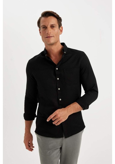 DeFacto Slim Fit Dar Kesim Düğmeli Dokulu Düz Pamuk Karışımlı Uzun Kollu Siyah Gömlek T2066AZ24AUBK81
