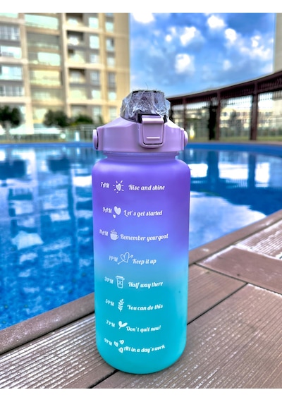 Motivasyonel Su Matarası Mor Suluk 2 Litre Spor Salonu Su Şişesi + Sticer