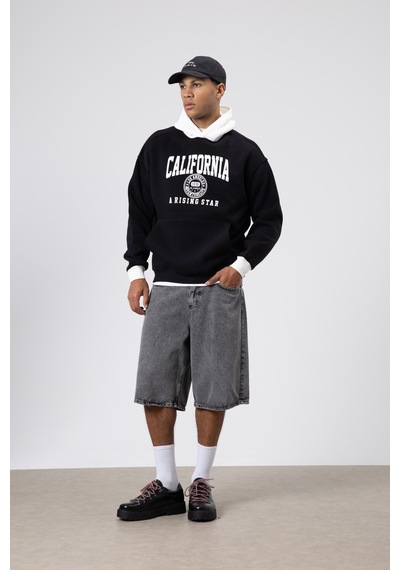 Vamos Çift Renk Baskılı Oversize Sweatshirt Siyah