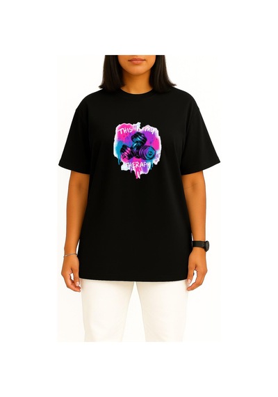 Bahriyeli Collection Oversize Bu Benim Terapim Dumbell Fitness Gym Göğüs Baskılı Unisex T-shirt Siyah
