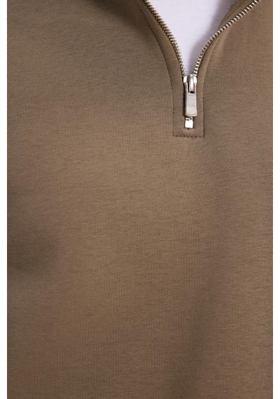 Tudors Kadın Relax Fit Rahat Kesim Pamuklu İçi Polarlı Yarım Fermuarlı Haki Dik Yaka Sweatshirt-42073 Haki