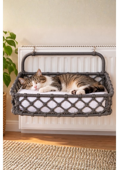 Reyo Tasaryum 48x35 Cm Kedi Köpek Kalorifer Yatağı, Radyatöre Asılan Kedi Hamağı, Puf Minderli El Yapımı Evcil Hayvan Yatağı Füme