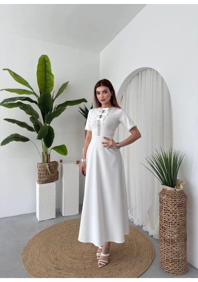 Defymoda Wera Taşlı Fiyonk Detaylı Elbise Beyaz