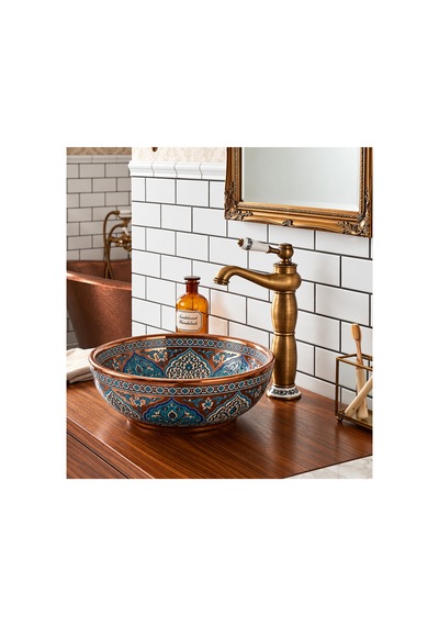 Rena Design Rustik Antik Çanak Lavabo Bataryası Banyo Yüksek Musluk Eskitme Porselen Işleme Armatür Otantik Bakır Retro Antik Eskitme
