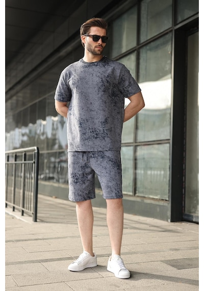 Madmext Lacivert Batik Desenli Overfit Şort T-shirt Takım E7357 Lacivert