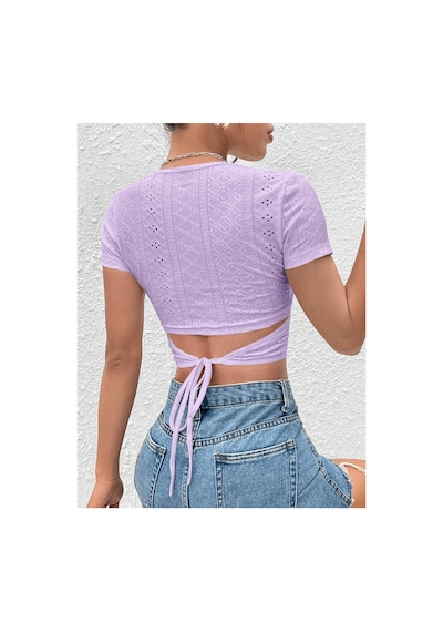 Hımmelduf Lila Belden Bağlamalı Kısa Kollu Crop Bluz LİLA