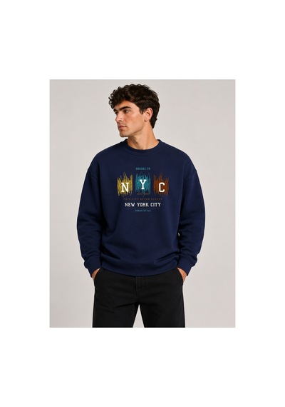 Herkesemoda Nyc Baskılı Bisiklet Yaka Şardonlu 2 İplik Sweatshirt Lacivert