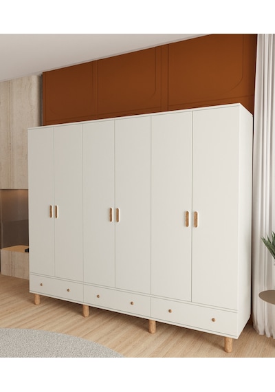 Bohem 6 Kapaklı Çekmeceli Gardırop - Tamamı Mdf Beyaz
