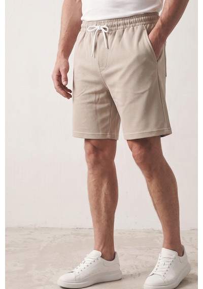 Elemge Erkek Bej Pike Dokulu Kumaş Rahat Kalıp Beli İpli Şort Günlük Basic Regular Fit Cepli Normal Bel Esnek Bermuda
