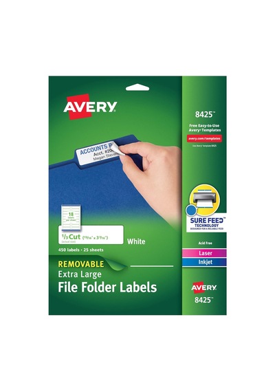 Ekstra Büyük Dosya Klasör Etiketleri, Çıkarılabilir Yapıştırıcı, Mat Beyaz, 15/16" X 3-7/16", 450 Etiket 8425