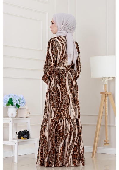 Sevitli Leopar Desenli Beli Tünelli Viscon Elbise-bej-5088 Bej