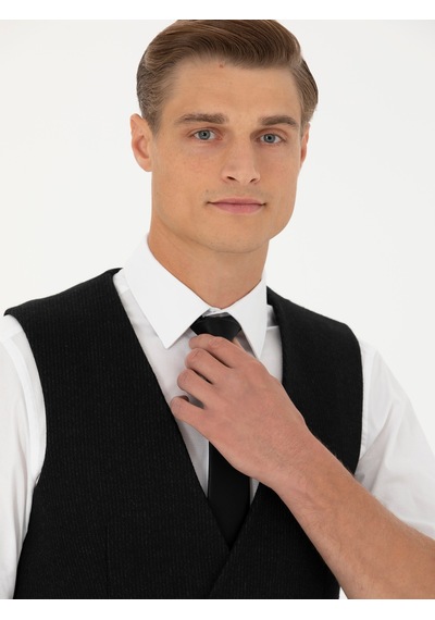 Cacharel Siyah Slim Fit Yün Karışımlı Çizgili Klasik Yelek