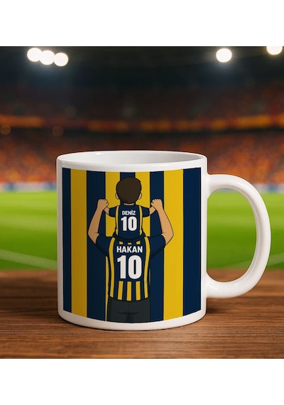 Bk Gift Kişiye Özel Baba&çocuk Sarı-lacivert Forma Tasarımlı Beyaz Kupa Bardak, Arkadaşa Hediye, Sevgiliye Hediye, Taraftar Hediyesi Kobitmeyencom3472