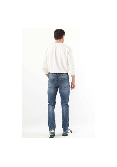 Erkek Dizi Yırtık Boyalı Jean Pantolon Mavi 001