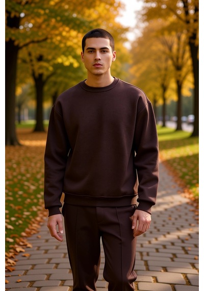 Benerly Erkek Bisiklet Yaka Düşük Kol Oversize Kalın Nakışlı Sweatshirt F Kahverengi