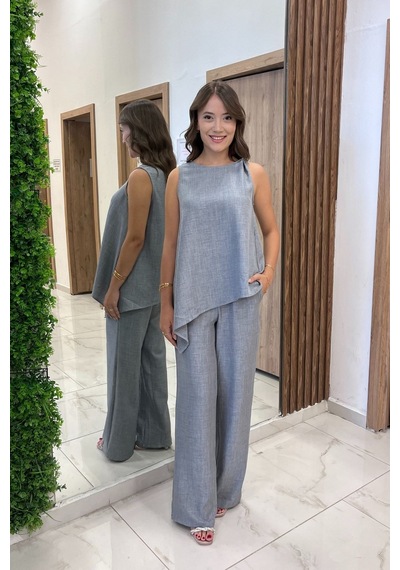 By Saygı Kadın Toka Detaylı Eteği Asimetrik Bluz Beli Lastikli Cepli Palazzo Pantolon Keten 2'li Takım Gri By Saygı Kadın Toka Detaylı Eteği Asimetrik Bluz Beli Lastikli Cepli Palazzo Pantolon Keten 2'li Takım Gri