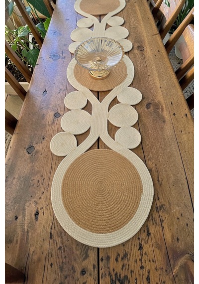 Jüt Hasır Doğal Boho Görünümlü Krem Bej 30x100 Cm Runner Amerikan Servis Masa Dekoru Krem-bej Krem-bej