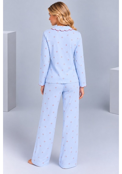 Pijamask Kadın Çiçek Desenli Bebe Yaka Düğmeli Uzun Kollu Müslin Pijama Takımı Mavi
