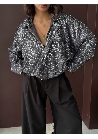 Verymoda Payetli Oversize Kadın Ceket Fermuarlı Işıltılı Şık Üst F2026 Siyah Gümüş