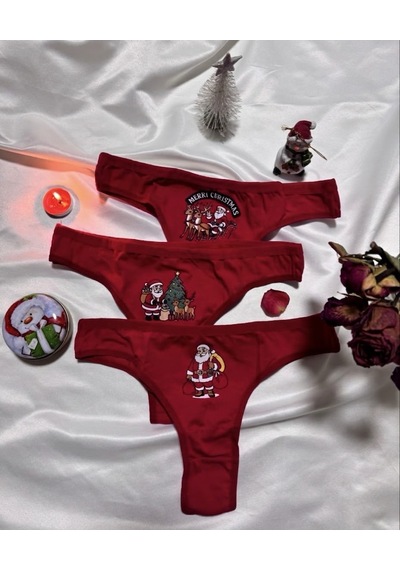 Trend Dokunuş Kadın 3'lü Kırmızı Yılbaşı Temalı Noel Figürlü Pamuklu Külot