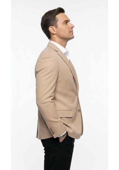 Plus Scorpion Erkek Slim Fit Ceket Likralı Fitilli Kumaş, Çift Düğmeli Tek Yırtmaçlı Modern Tasarım Krem