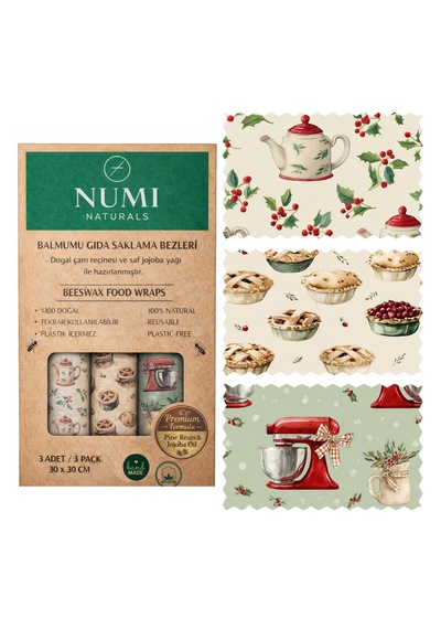 Balmumu Gıda Saklama Bezleri Premium 3 Lü Set 30 30 Cm - Cozy Kitchen Serisi Çok  Renkli