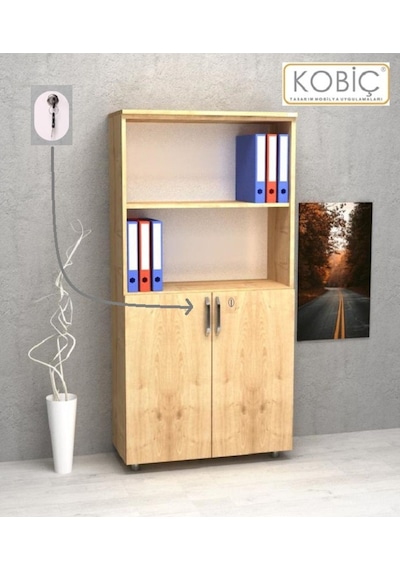 Kobiç Ofis Dosya Dolabı Kilitli Yarım Kapak Suntalam Dolap 80x35x150 Cm Meşe Meşe