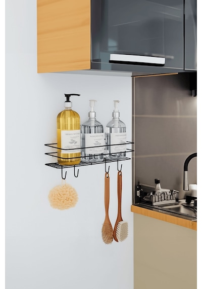 Siyah Yapışkanlı Banyo Rafı Mutfak Rafı Çok Amaçlı Askılı Düzenleyici Organizer Paslanmaz Şampuanlık Siyah