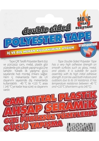 Çift Taraflı Polyester Bant 140 Derece Isıya Dayanıklı15mmx5mt- 0,16mm İncelik
