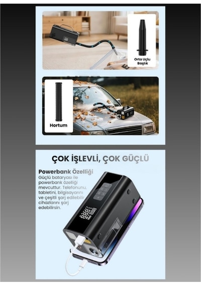 Jump Starter Süpürgeli Akü Takviye Cihazı 18.000mah 10 İn 1 Powerbank, Hava Kompresörü, Lcd Ekran