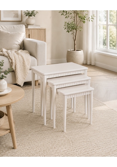 Ganni Home Lodos 3 Lü Zigon Sehpa Seti Krem Krem Gürgen İskeletli, Dekoratif Çıtalı Modern Ve Ferah Tasarım